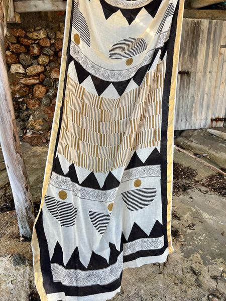Big size Sarong ,Hand Block Printed Extra Large Sarong | Organic Cotton Muslin | Natural Bagru Print with Golden Sari -yellow -  AUROBELLE  IBIZA