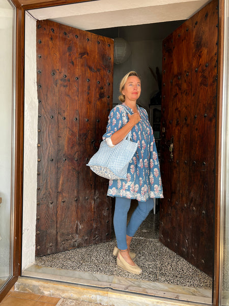 Brigitte Tote bag Large Quilted Cotton Tote Bag | Blue Block Print Shoulder Bag | Boho Beach Bag | Handmade Travel Bag