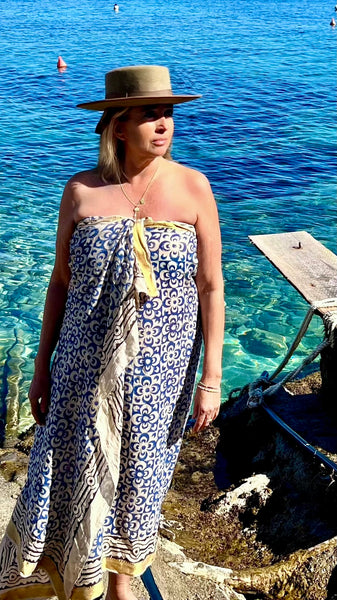 Big size Sarong ,Hand Block Printed Extra Large Sarong | Organic Cotton Muslin | Natural Bagru Print with Golden Blue flower -  AUROBELLE  IBIZA