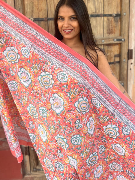 Sarong   , Pareo  , cotton shawl and beach Deluxe Block print collection,apricot calendula 🌸 -  AUROBELLE  IBIZA