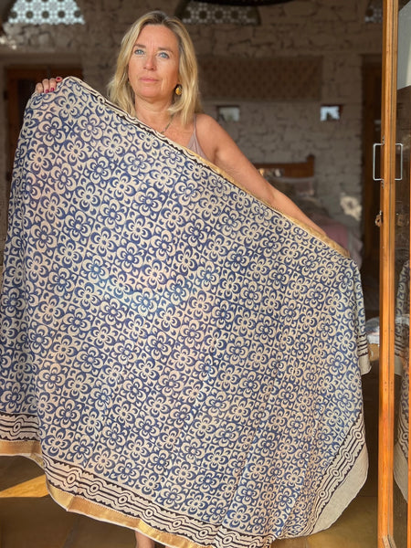 Sarong  Pareo  collection big size with golden zari border No 6A Blue Flower -  AUROBELLE  IBIZA