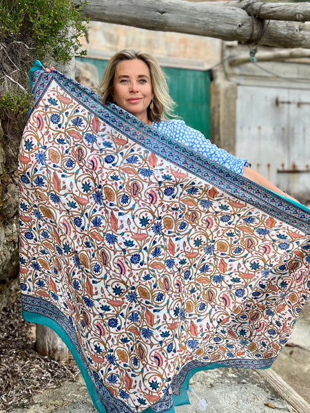 Sarong   , Pareo  , cotton shawl and beach Deluxe Block print collection, blue turquoises flower  🪷 -  AUROBELLE  IBIZA