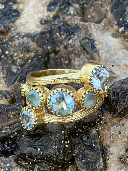 💎5 stone Blue  Topaz gold plated designer  Ring