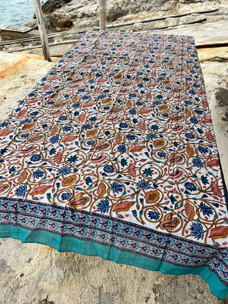 Sarong   , Pareo  , cotton shawl and beach Deluxe Block print collection, blue turquoises flower  🪷 -  AUROBELLE  IBIZA