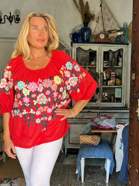 Salu Cotton Embroidered Blouse – Red multi -  AUROBELLE  IBIZA