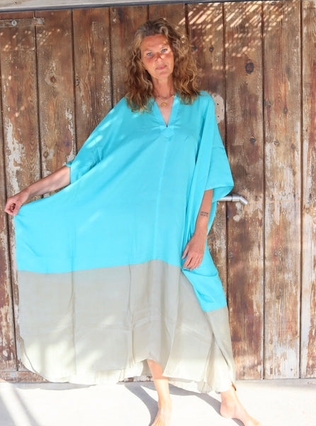 Exclusive luxury Silk kaftan Beige and turquoise