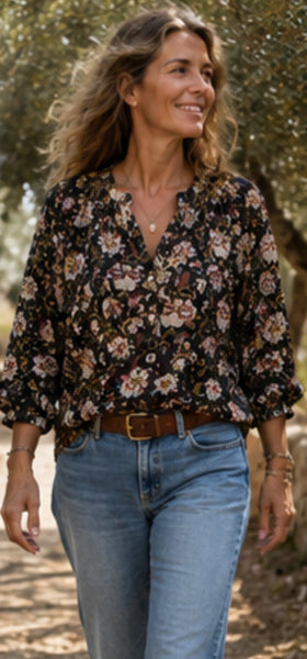Lisa blouse button black flower