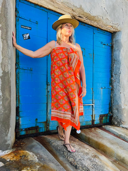 Sarong   , Pareo  , cotton shawl and beach Deluxe Block print collection, orange pink 🪷 -  AUROBELLE  IBIZA