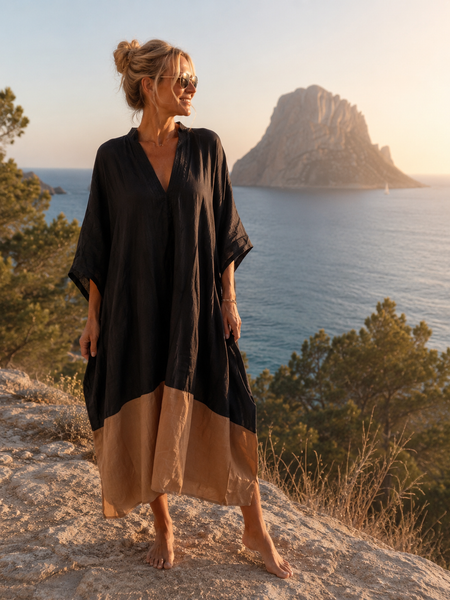 SILK KAFTAN IN BLACK AND BEIGE medium Lenght -  AUROBELLE  IBIZA