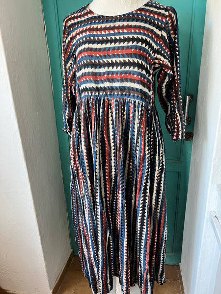 Natascha dress black white blue  block print -  AUROBELLE  IBIZA