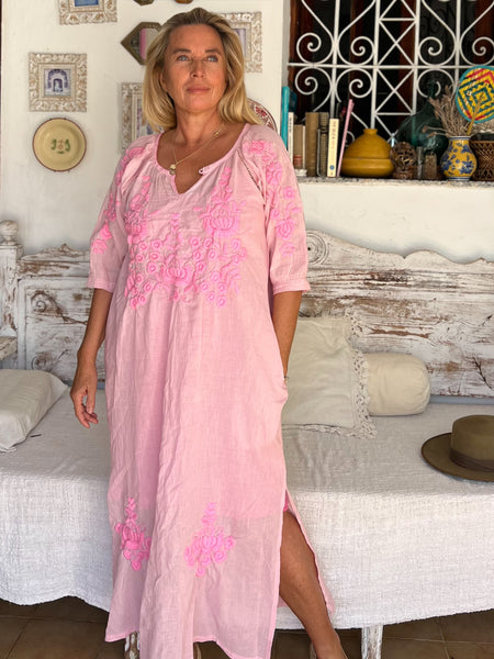 Salu dress with hand embroidery pinky -  AUROBELLE  IBIZA