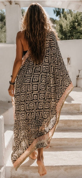 Aurobelle Ibiza golden ochre Bagru print sarong with silver border