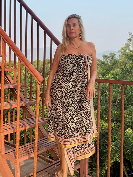 Hand Block Printed Extra Large Sarong | Organic Cotton Muslin | Natural Bagru Print with Golden Sari Black flower -  AUROBELLE  IBIZA