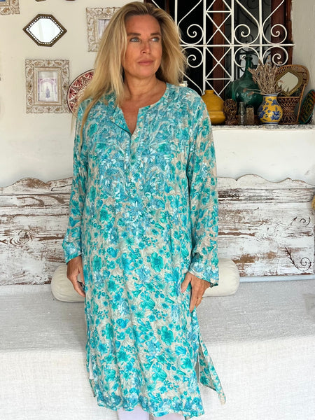 🌿 Turquoise Silk 42 inch Kurta – Paisley Print (One of a Kind) -  AUROBELLE  IBIZA