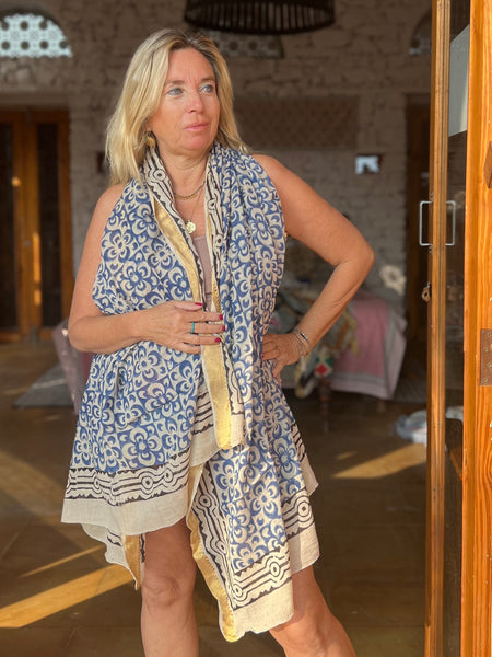 Sarong  Pareo  collection big size with golden zari border No 6A Blue Flower -  AUROBELLE  IBIZA