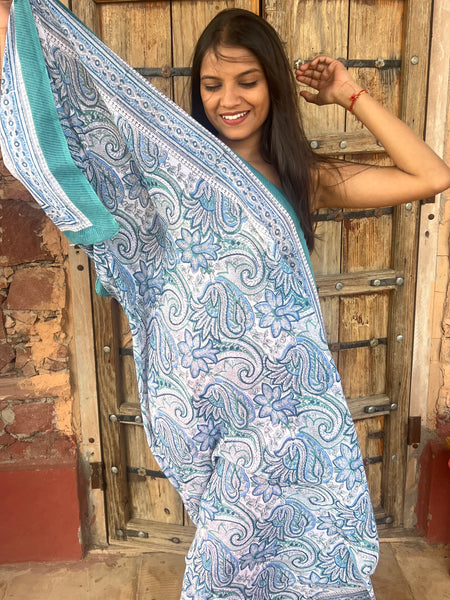 Sarong   , Pareo  , cotton shawl and beach Deluxe Block print collection,green and blue love -  AUROBELLE  IBIZA