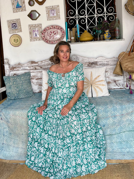 Ishi Daughter Dress – Hand Block Printed Boho Maxi emerald green