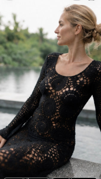Sexy Roxanne boho crochet dress in black ,  totally hand made -  AUROBELLE  IBIZA