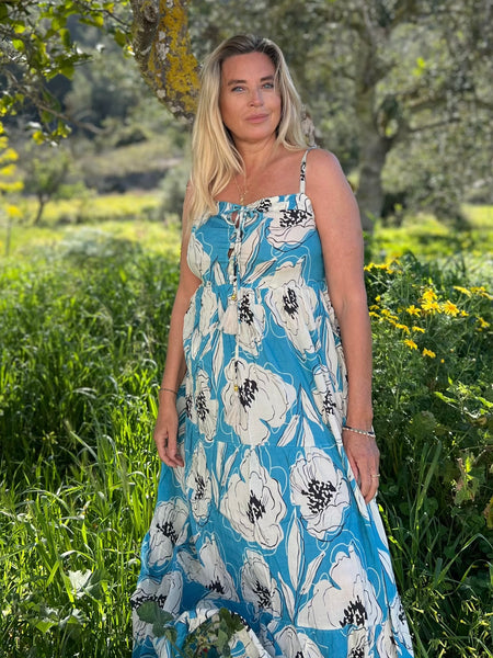 Annie Dress turquoise flower -  AUROBELLE  IBIZA