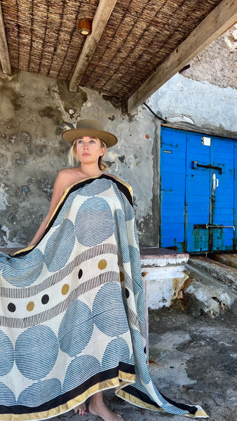 Big size Sarong ,Hand Block Printed Extra Large Sarong | Organic Cotton Muslin | Natural Bagru Print with Golden Sari Blue big circle -  AUROBELLE  IBIZA