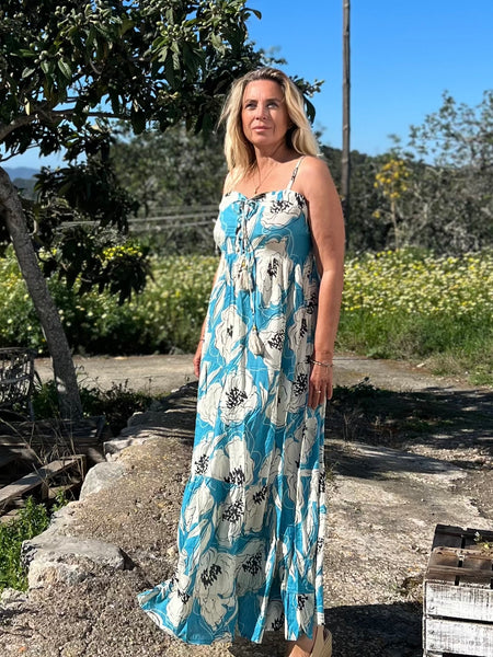 Annie Dress turquoise flower -  AUROBELLE  IBIZA