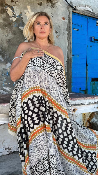 Big size Sarong ,Hand Block Printed Extra Large Sarong | Organic Cotton Muslin | Natural Bagru Print with Golden Sari yellows geometric -  AUROBELLE  IBIZA