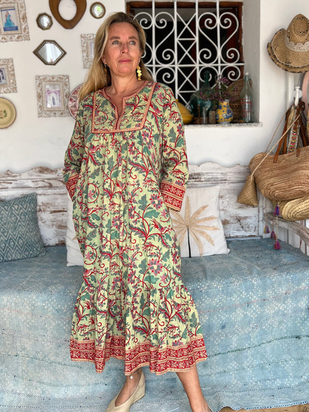 Vintage dress Green red Boho
