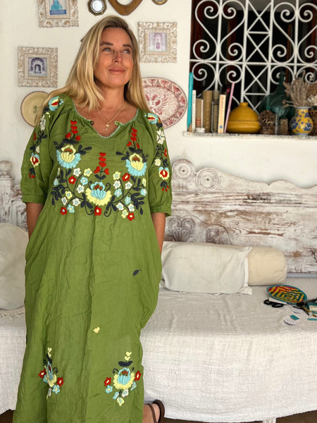 Salu dress with hand embroidery -green  with color embroidery