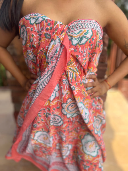 Sarong   , Pareo  , cotton shawl and beach Deluxe Block print collection,apricot calendula 🌸 -  AUROBELLE  IBIZA