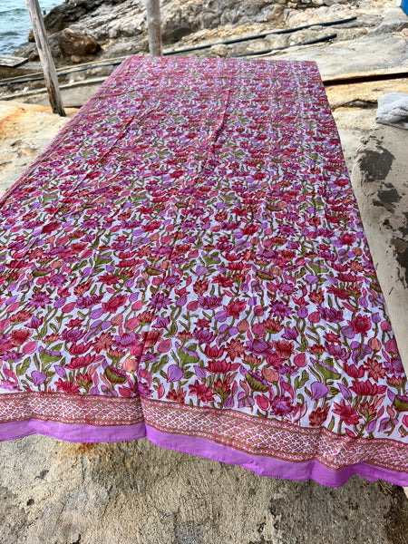 Sarong   , Pareo  , cotton shawl and beach Deluxe Block print collection pink purple flowers -  AUROBELLE  IBIZA