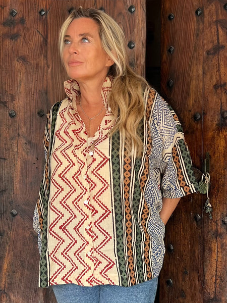 Free size boho stripe ethnic blouse red  zick zack