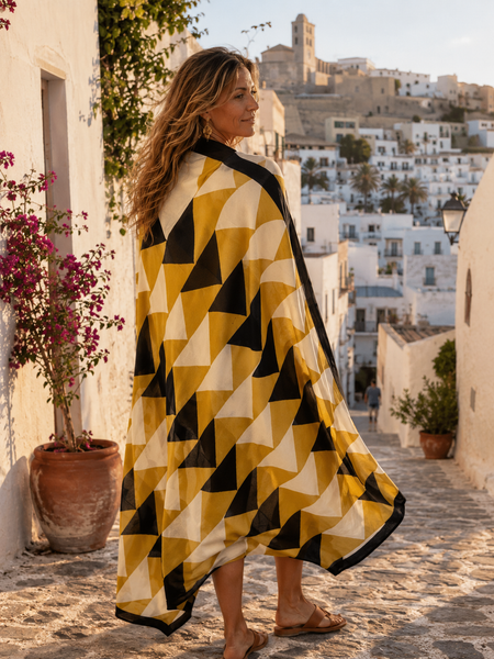 Hand made Block print Sarong yellow black abstract