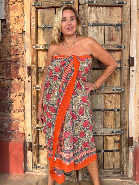 Sarong   , Pareo  , cotton shawl and beach Deluxe Block print collection,pink calendula 🌸 -  AUROBELLE  IBIZA