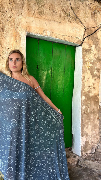 Big size Sarong ,Hand Block Printed Extra Large Sarong | Organic Cotton Muslin | Natural Bagru Print with Golden Grey cool   🌺 -  AUROBELLE  IBIZA