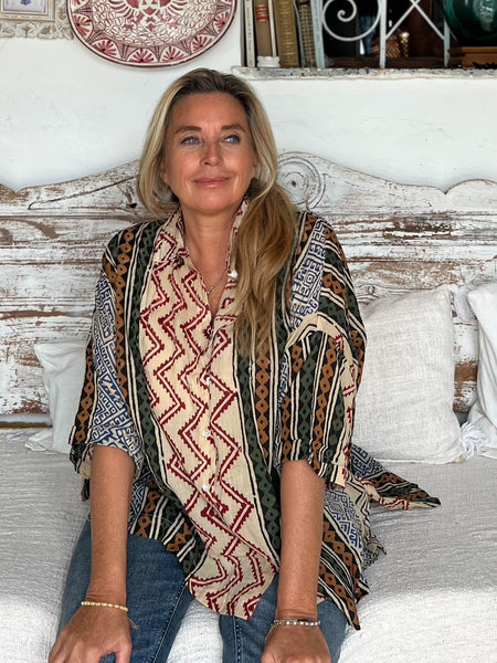 Free size boho stripe ethnic blouse red  zick zack