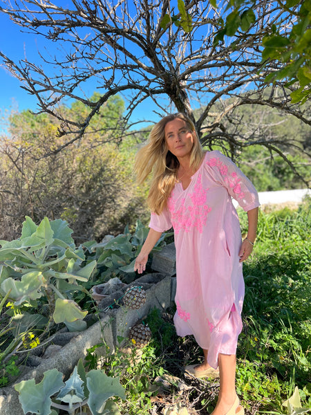 Salu dress with hand embroidery pinky -  AUROBELLE  IBIZA