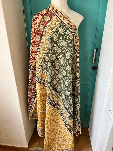 Hand made Block print green yellow mix ethic big size with  fringes