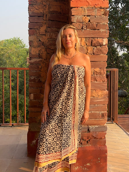 Hand Block Printed Extra Large Sarong | Organic Cotton Muslin | Natural Bagru Print with Golden Sari Black flower -  AUROBELLE  IBIZA