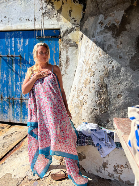 Sarong   , Pareo  , cotton shawl and beach Deluxe Block print collection,pink  hawa mahal 🌸 -  AUROBELLE  IBIZA