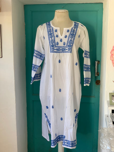 Mumbai  dress white with hand embroidery in sky blue