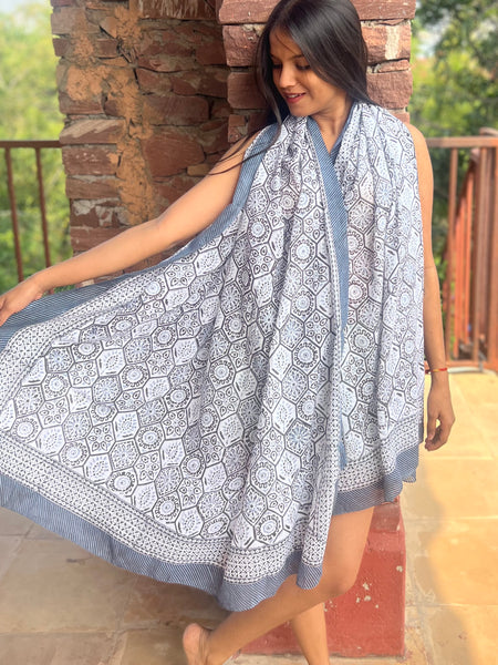 Sarong   , Pareo  , cotton shawl and beach Deluxe Block print collection,elegant grey 🌸 -  AUROBELLE  IBIZA