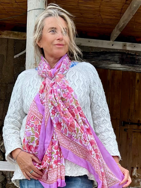 Sarong   , Pareo  , cotton shawl and beach Deluxe Block print collection pink purple flowers -  AUROBELLE  IBIZA