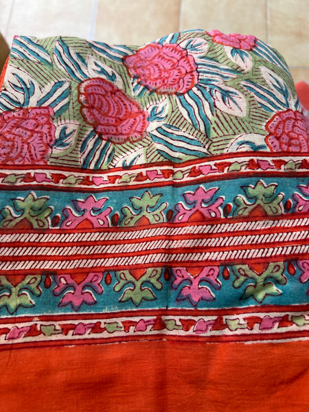 Sarong   , Pareo  , cotton shawl and beach wrap block print deluxe collection, orange calendula 🌹 -  AUROBELLE  IBIZA