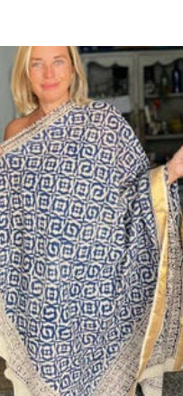 Hand Block Printed Extra Large Sarong | Organic Cotton Muslin | Natural Bagru Print with Golden Sari Border no 2Hexaclon