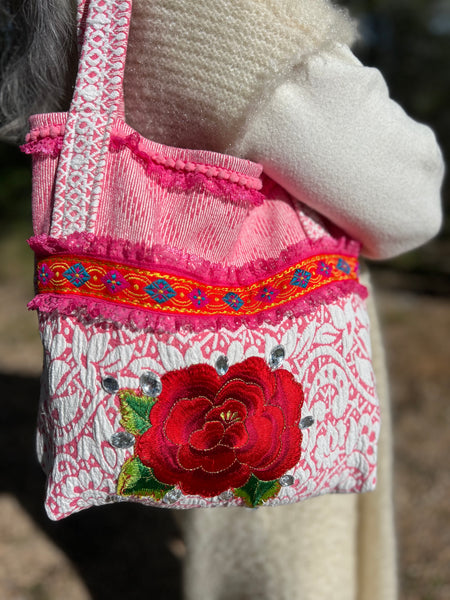 One-of-a-Kind Ibiza Patchwork Bag Big red rose 🌹