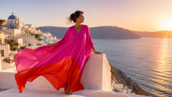 Hanoi Kaftan – Pink Orange Sunset Silk -  AUROBELLE  IBIZA