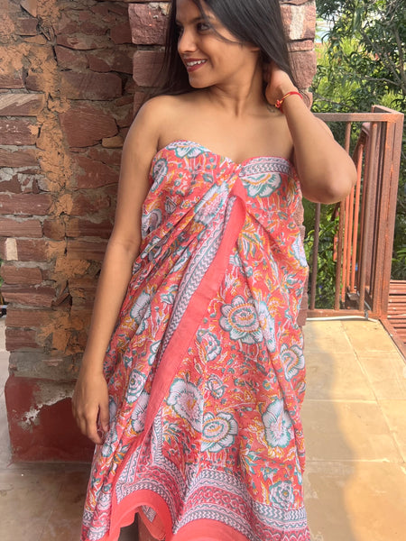 Sarong   , Pareo  , cotton shawl and beach Deluxe Block print collection, apricot calendula 🌹 -  AUROBELLE  IBIZA