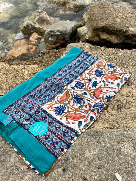 Sarong   , Pareo  , cotton shawl and beach Deluxe Block print collection, blue turquoises flower  🪷 -  AUROBELLE  IBIZA