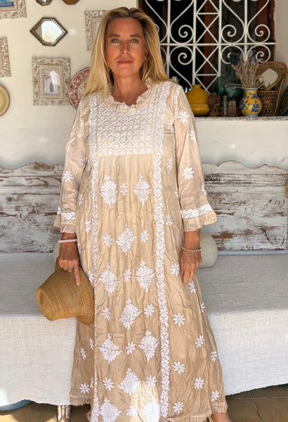 Empire dress with hand embroidery shadet beige -  AUROBELLE  IBIZA