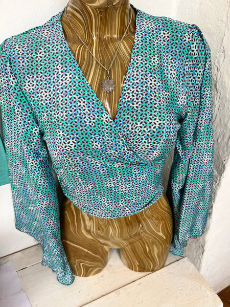 Bohemian  Wrap Top Print – Spiritual Festival Crop Blouse hippie wrap blouse Silky Turquoise small flower -  AUROBELLE  IBIZA